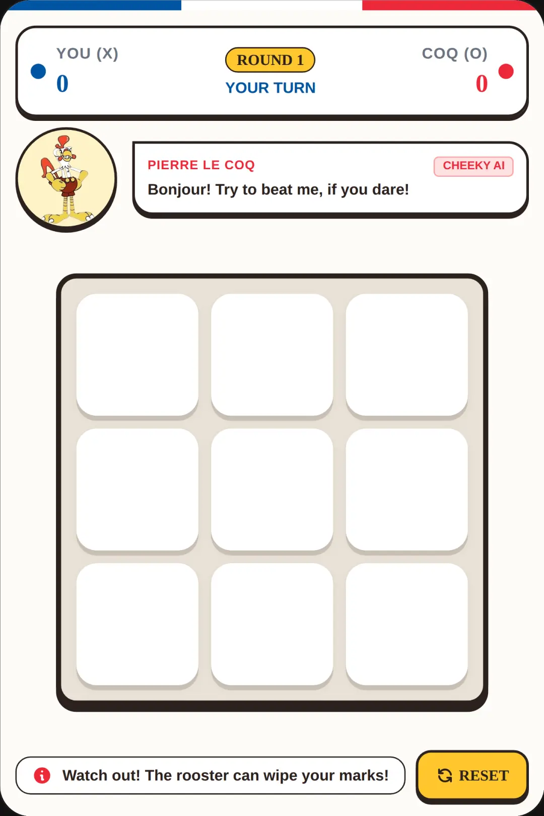 Gallic Rooster Tic-Tac-Toe UK badger and you are my country animals hell like fuck naughtylike hell Paris baguette wine no more cover