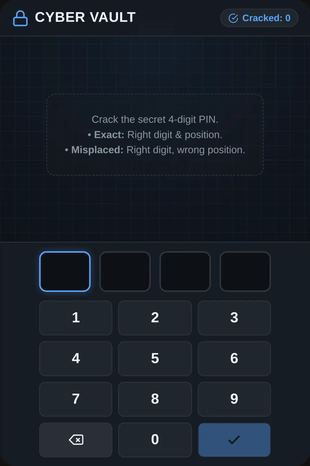Cyber Vault - 4-Digit PIN Code Breaking only 8 chance and I and if I am miss placed that number should be colour of yellow and that number I am place correctly that is that's colour is green and that number that I am not placed correctly that is only black cover