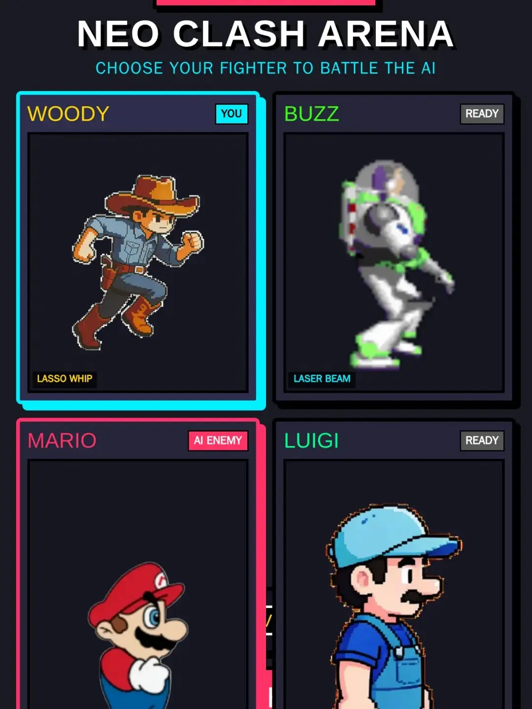 It’s woody buzz Lightyear in Mario Luigi pick your fighter cover