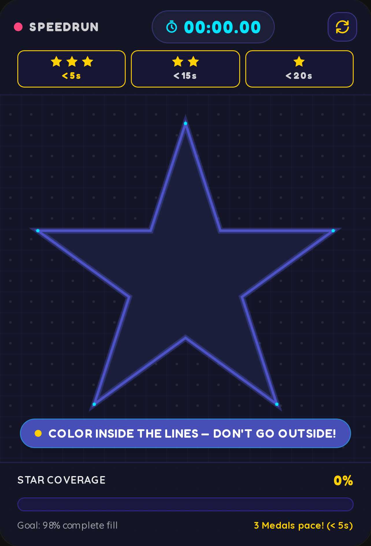 Do it Only 3 medals.If you get it on the 20 seconds, you can get the first one, you can get only 1.If you get a under 15, you can 2 metals.And if you get it under five , you can get three medals cover