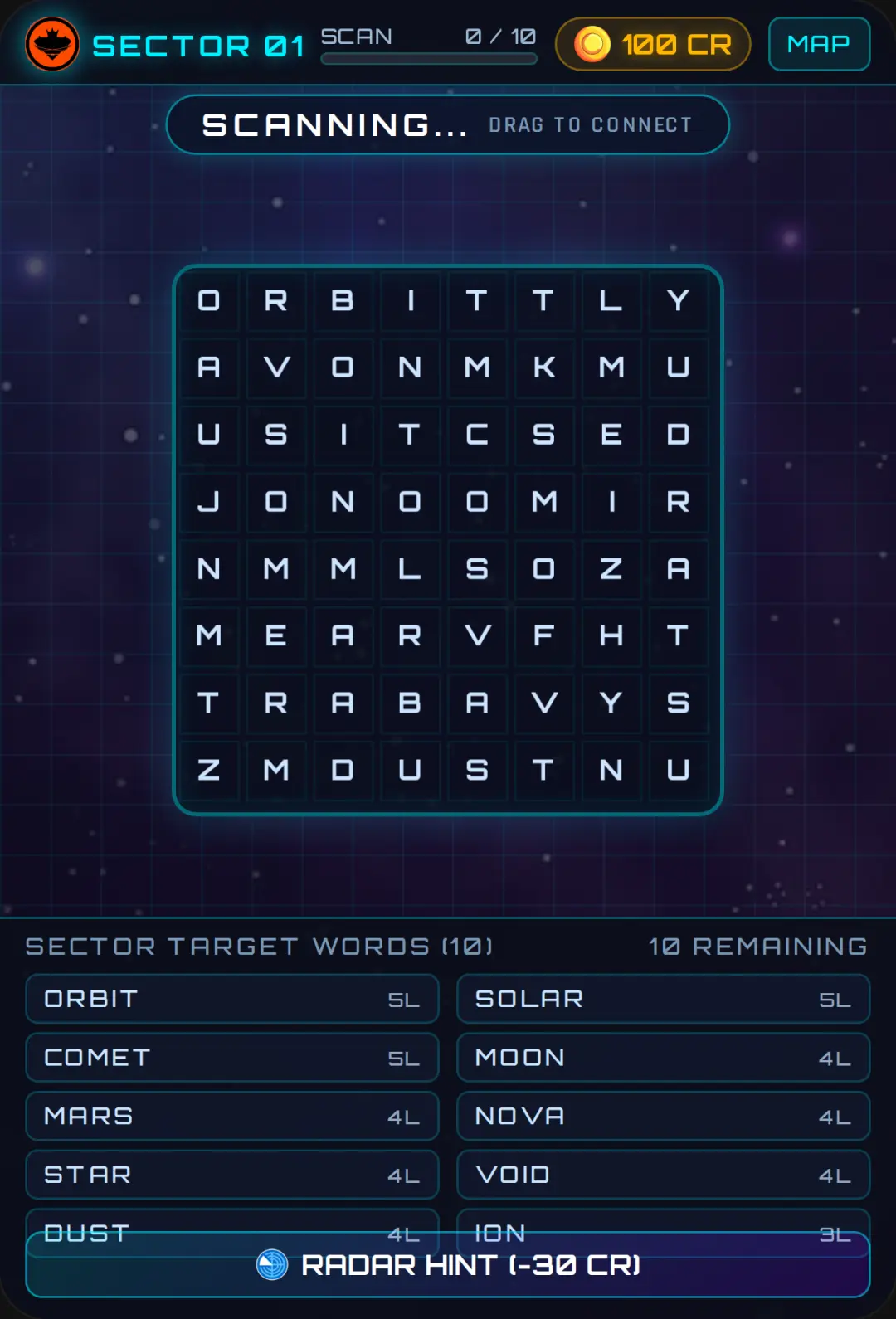 Futuristic space words finding game- word finding game cover