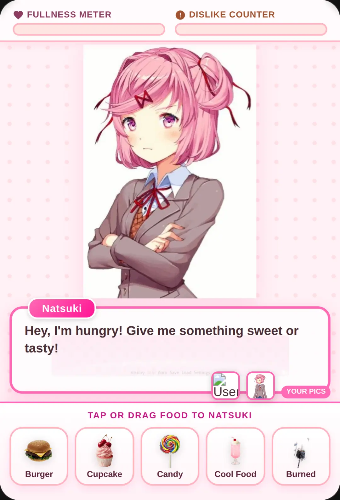 Natsuki Feeding Game ⏔⏔⏔⏔ ꒰ 𖥔 ꒱ ⏔⏔⏔ HELLO!! IM NEW HERE!! (. ❛ ᴗ ❛.) ♡♡ cover