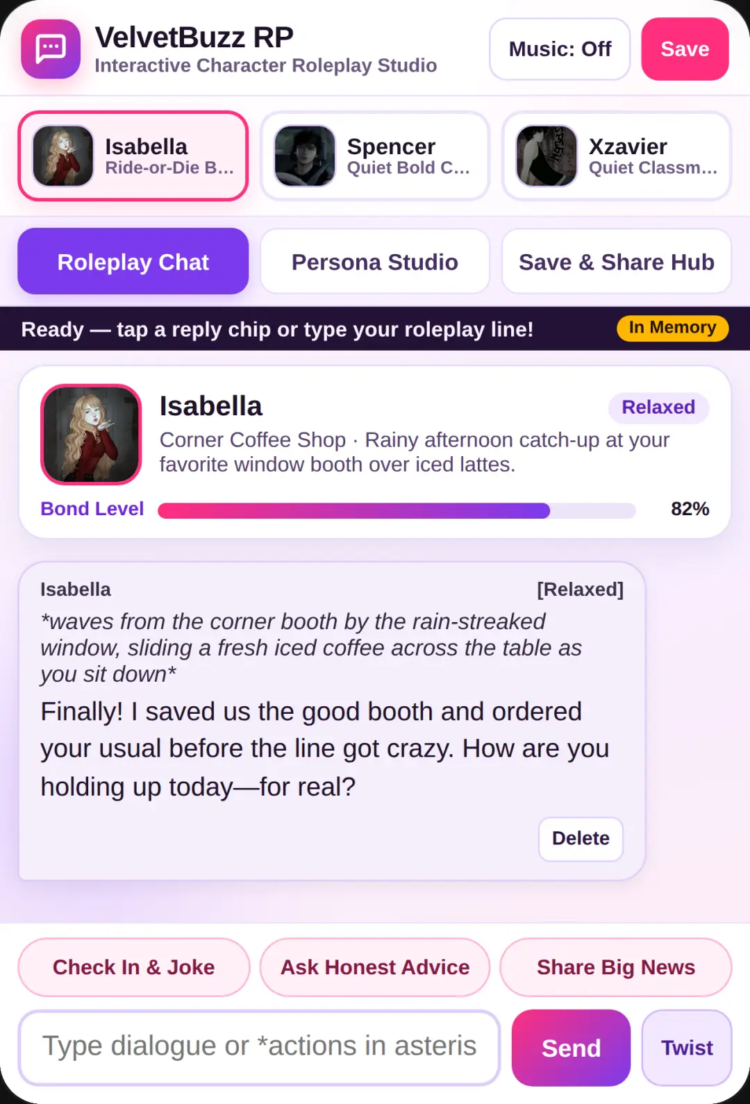 VelvetBuzz · Roleplay Chat Studio cover
