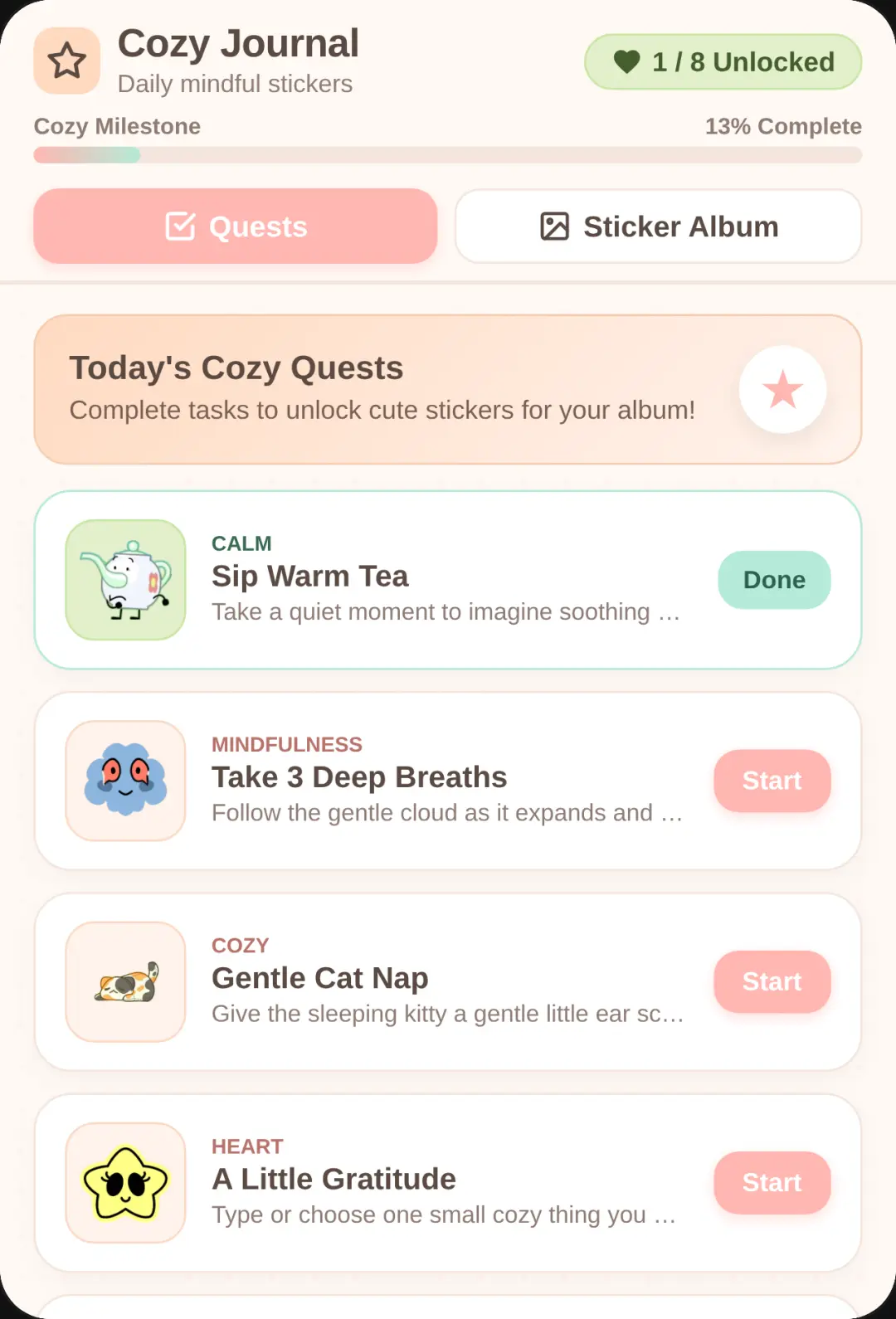 Cozy Sticker Journal quests for sticker cover