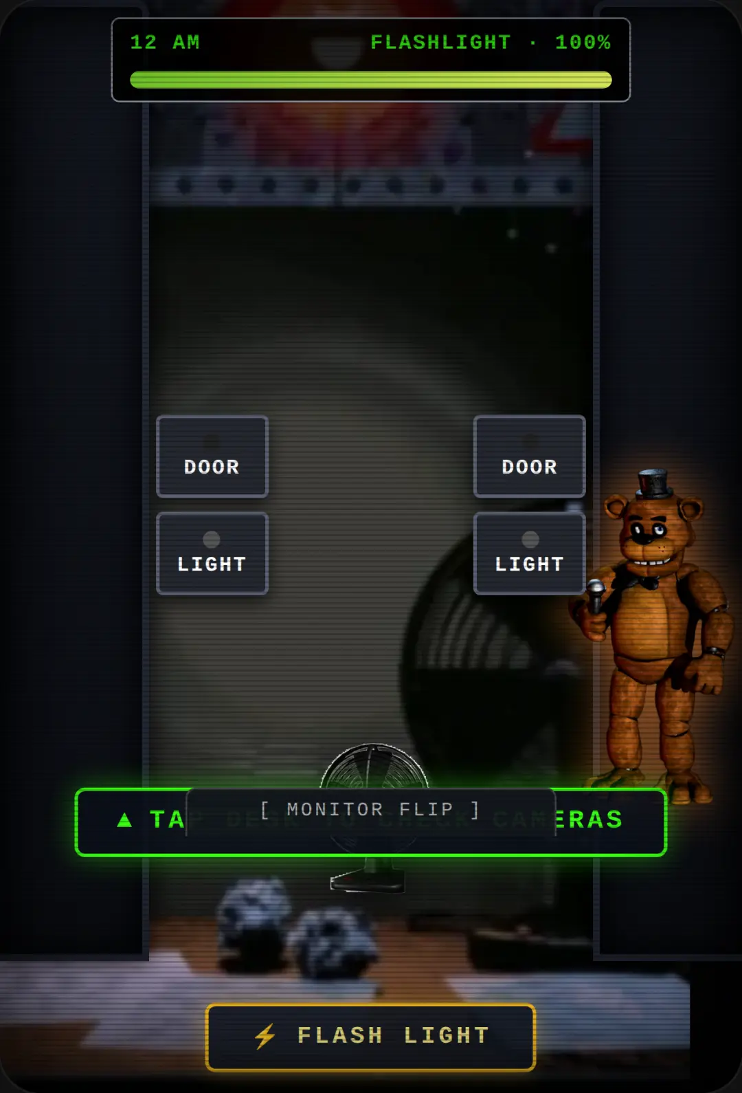 Tip how to play: if you see foxy flash him, if Freddy apear at right door, close it, if Bonnie or chica appear at the left door flash him, if a Freddy that looks yellow put the monitor up and you must be ok, at camera 6 on monitor is a music box keep it winded or puppet will attack you, if you notice any bug, I am not responsible for fixing cover