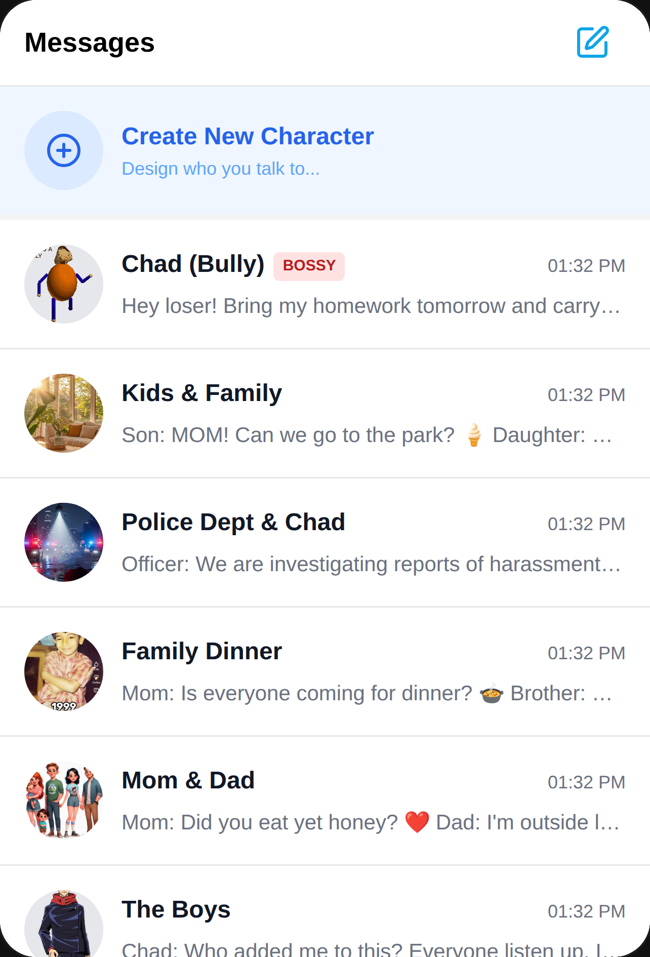 Chat and create character at the top cover