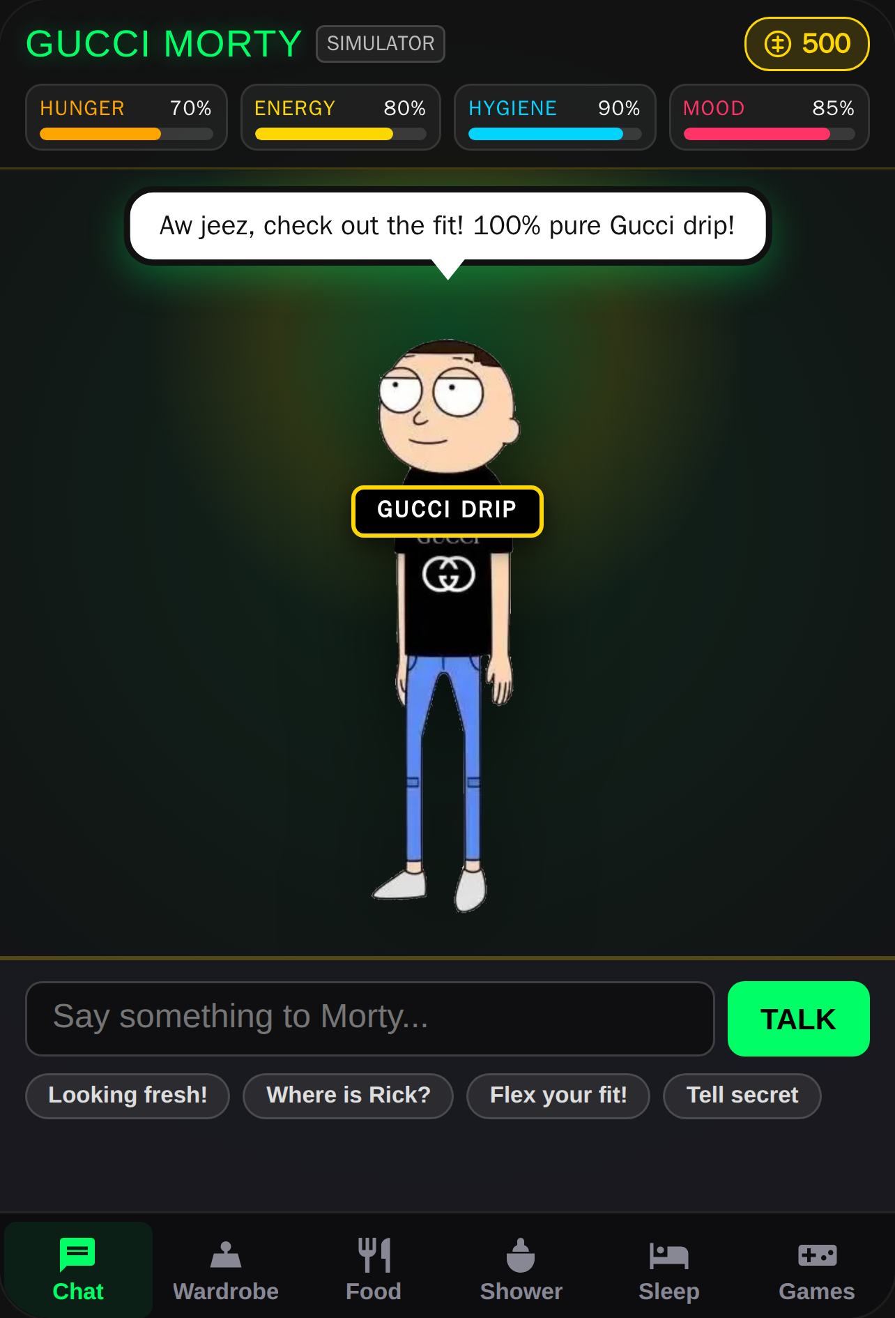 Gucci Morty Simulator feed,him,dress him up, make him shower, let him rest, and make him use the bathroom cover