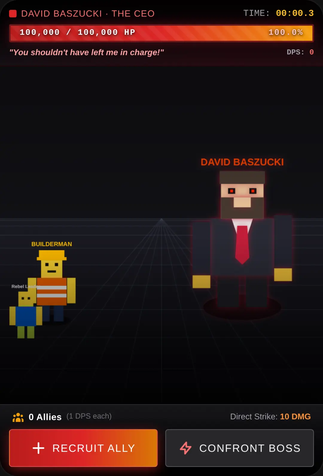 Builderman's Revenge: The 100k HP Boss [REQUEST] A boss battle against David Baszucki (Roblox CEO) where the player and Builderman must recruit a crowd of allies to drain his 100,000 HP while the d cover