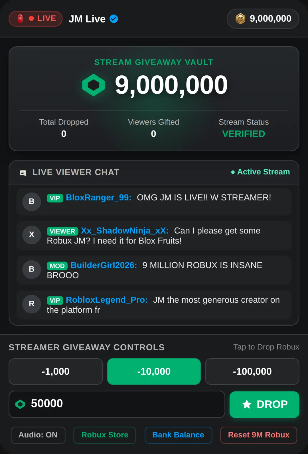 JM Robux Live Giveaway Dashboard cover