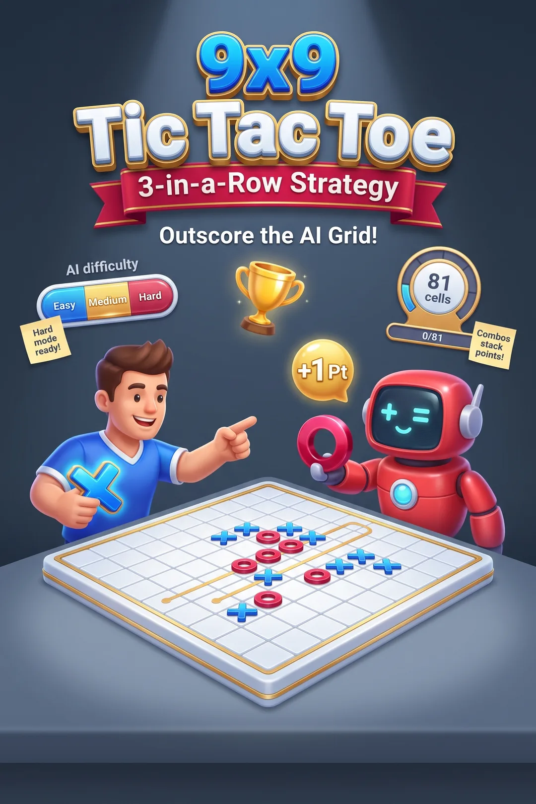 9x9 Tic Tac Toe - 3-in-a-Row Strategy