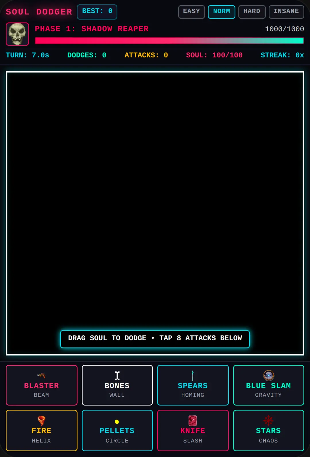 ⚔️ SOUL DODGER — How long can you survive? 👁️ Dodge insane attacks, build your combo, defeat every boss phase, and chase the high score! 🔥 Think you can reach INSANE difficulty? 💀 cover
