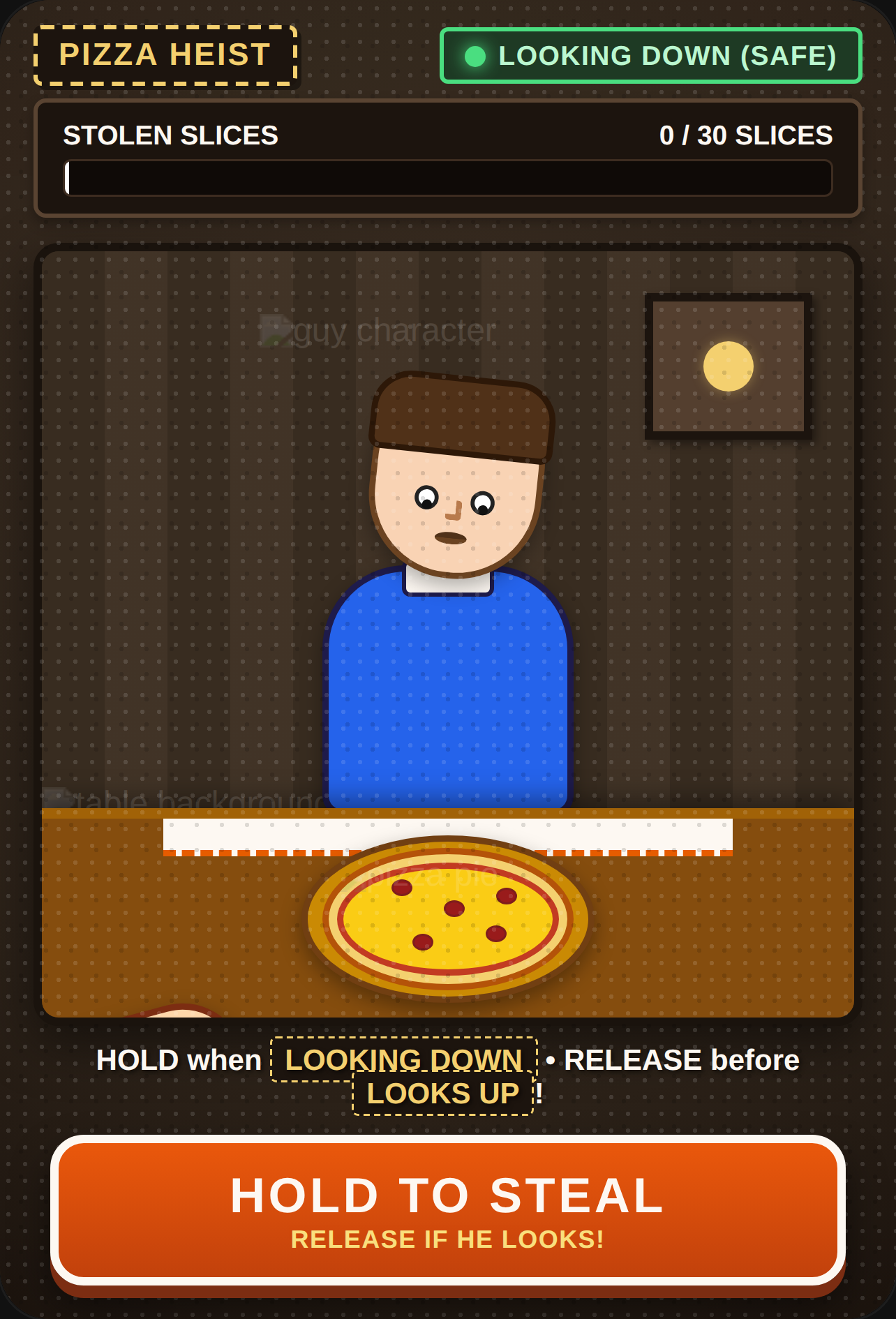 Steal pizza from this guy without getting caught! He didn't order pizza for you . So , you are stealing the pizza! cover