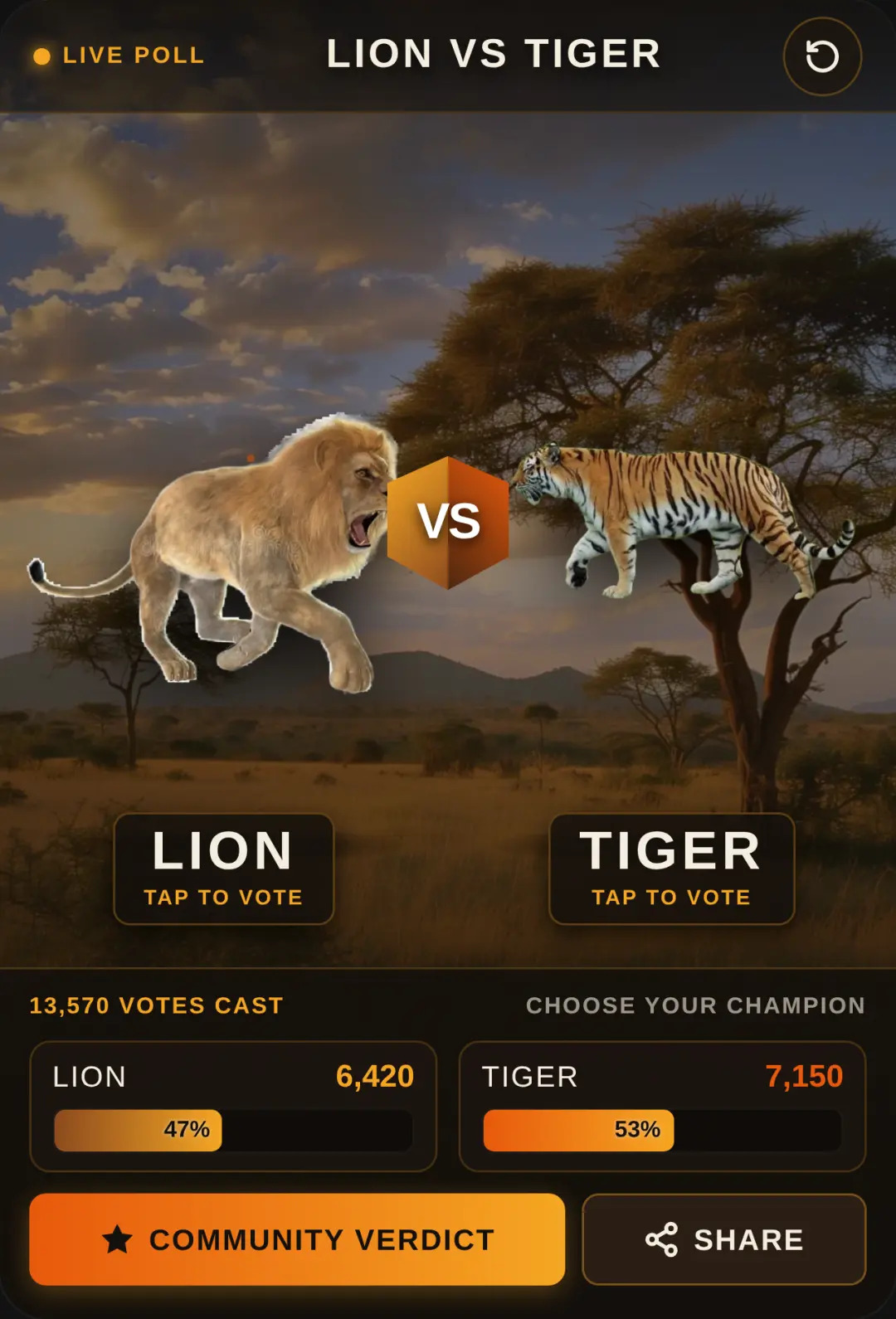 Lion vs Tiger - Savanna Showdown Poll cover