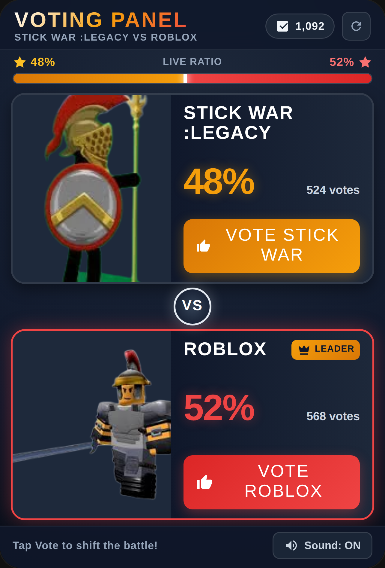 Voting panel Stick war legacy VS Roblox. cover