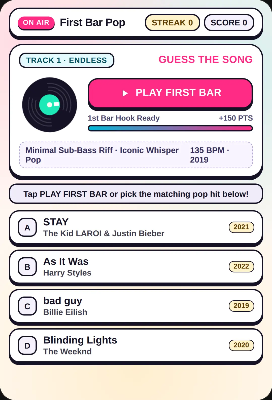 First Bar Pop — Guess the Track cover
