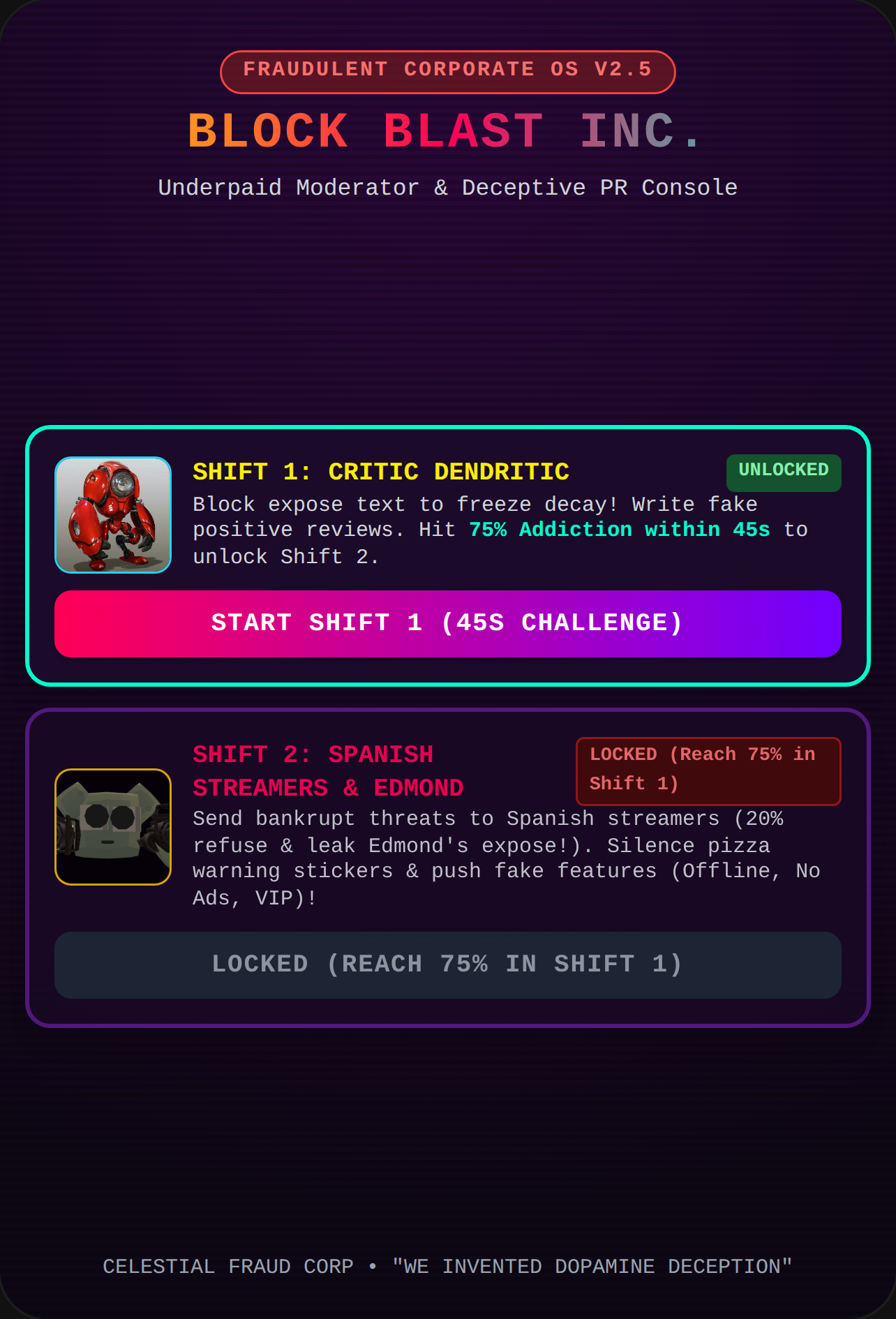 A game I made under 6 minute:BLOCK BLAST: FRAUD CORP EXPANDED SHIFTS cover