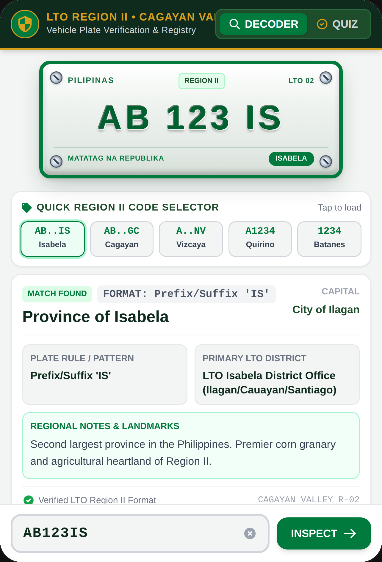 LTO Region II License Plate Inspector cover
