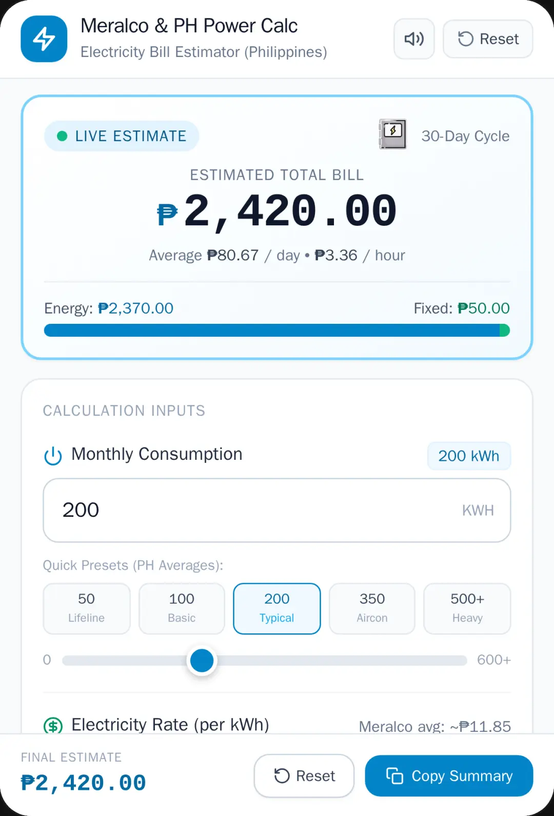 Philippine Electric kWh to Bill Calculator cover