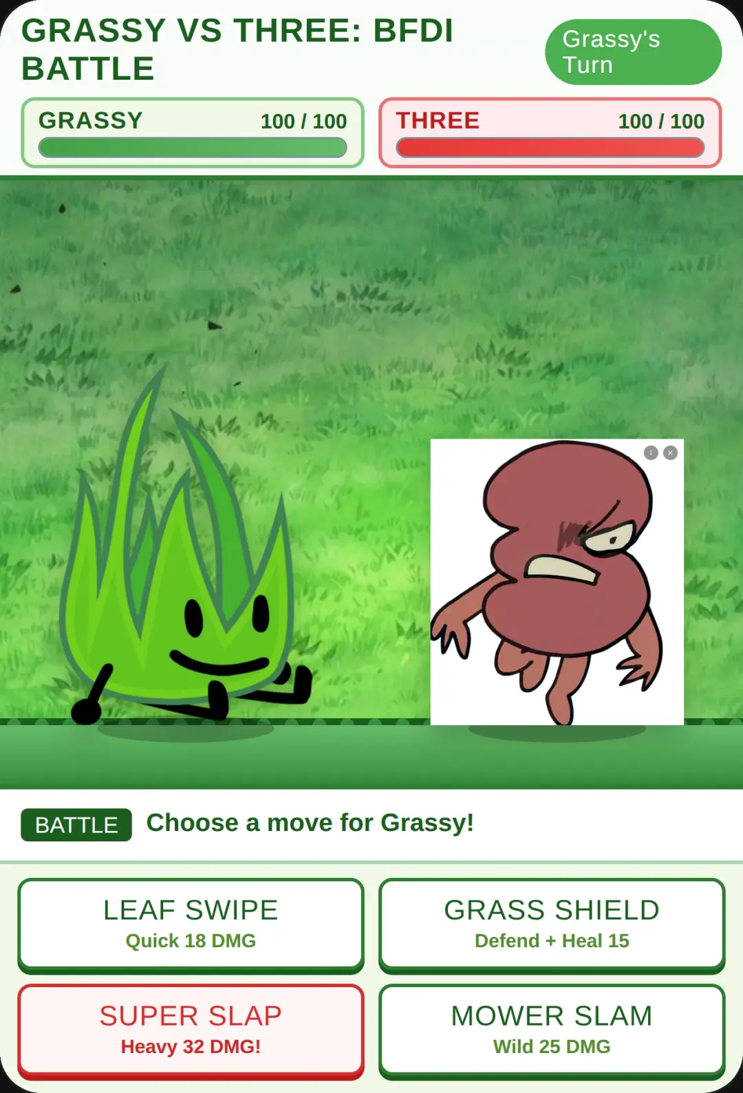 Grassy vs Three: BFDI Battle cover