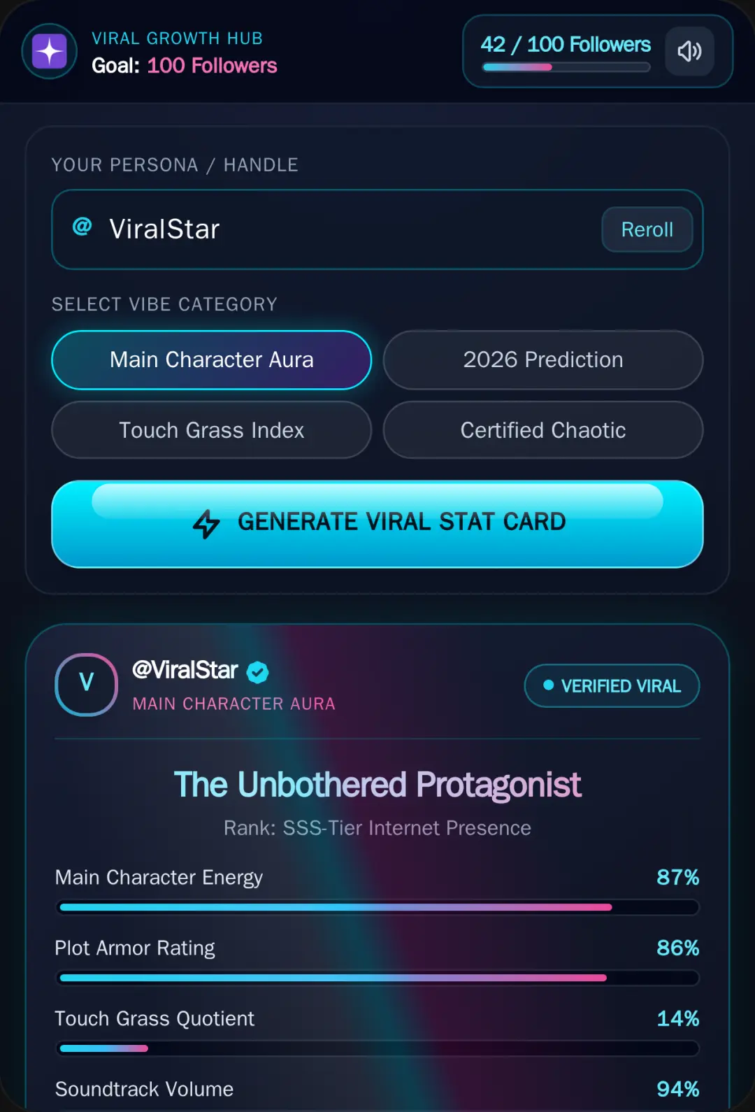 Viral Personality Generator - 100 Followers cover