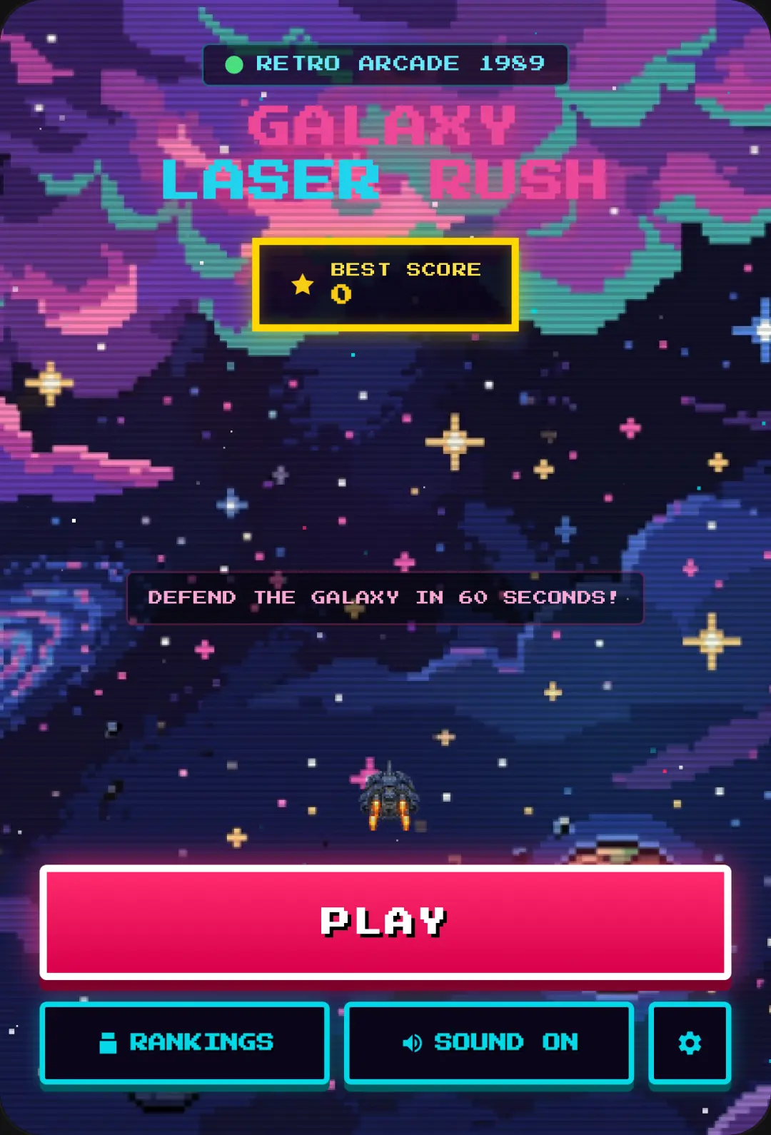 GALAXY LASER RUSH 🌌 The galaxy is under attack! Jump into your starship, blast alien UFOs, and dodge deadly enemy lasers in a fast-paced pixel arcade showdown. You have only 60 seconds to rack up the highest score and claim your place on the leaderboard. Every second counts. Every shot matters. Can you become the ultimate galaxy ace? 👾⚡ cover