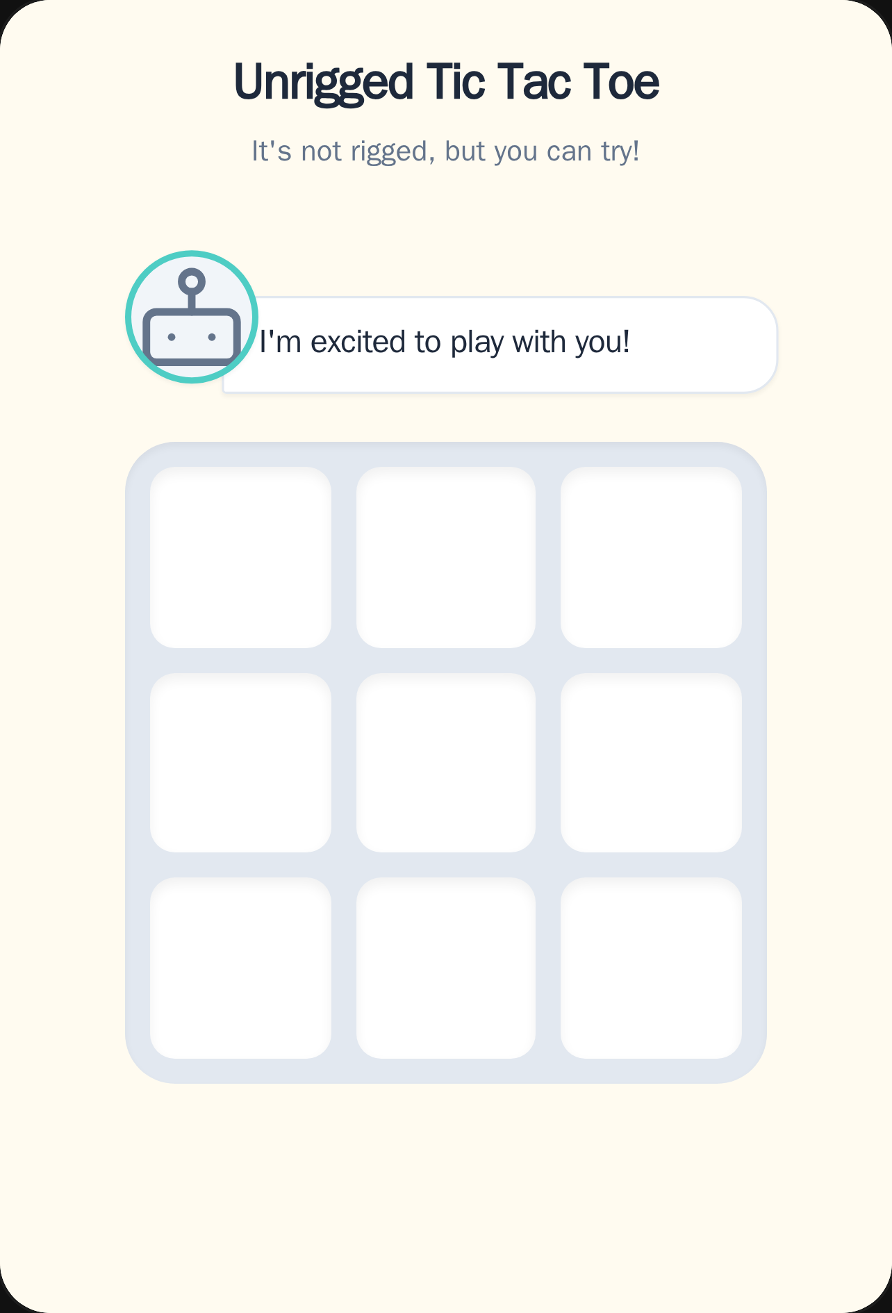 Unrigged Tic Tac Toe yes I will be adding yes I will be adding youe cheating Suggestions also yes I made this game because were being mean in the other game on the comments and saying also yes I made this game because were being mean in the other game on the comments and saying non family friendly words I only allow family friendly I only allow family friendly words think before you post cover