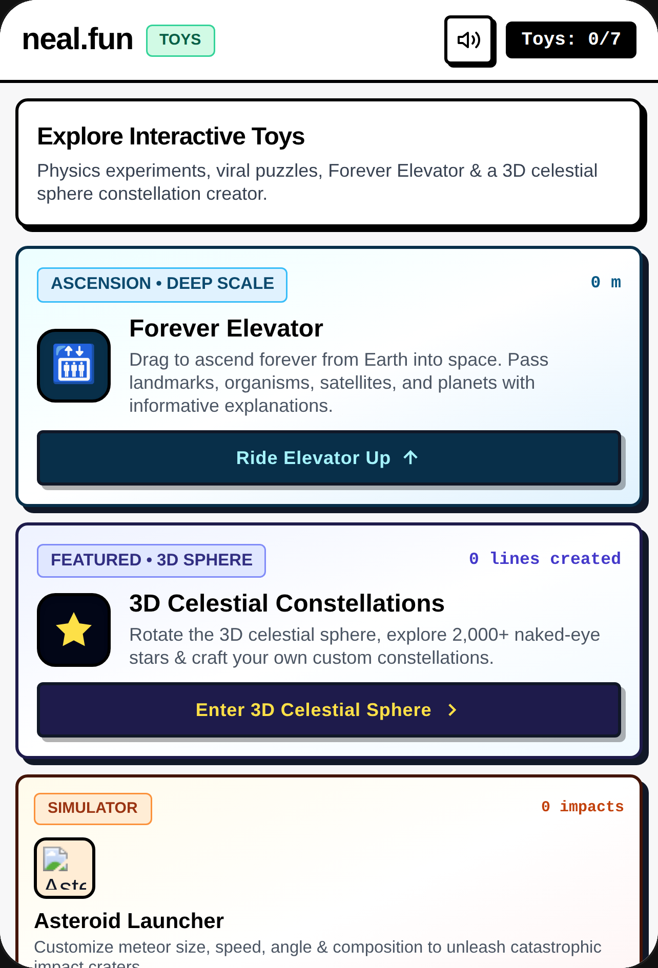 neal.fun — 3D Celestial Sphere & Mini Games Hub cover