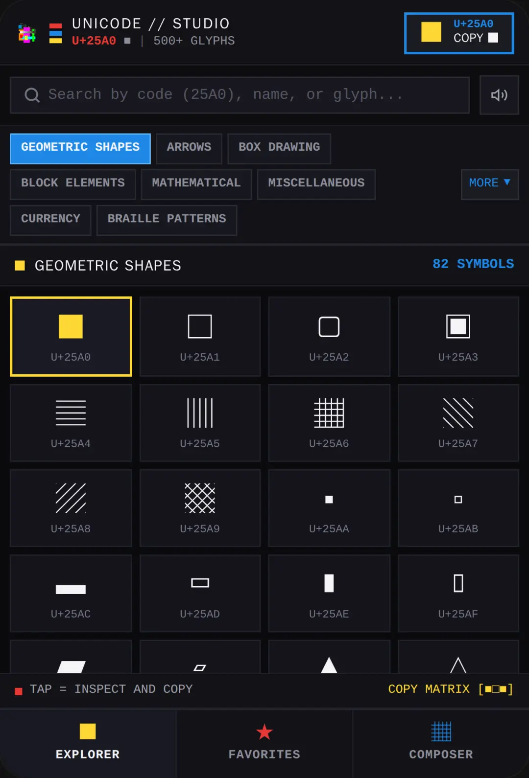 Unicode Symbol Studio — U+25A0 and Extended Glyphs cover