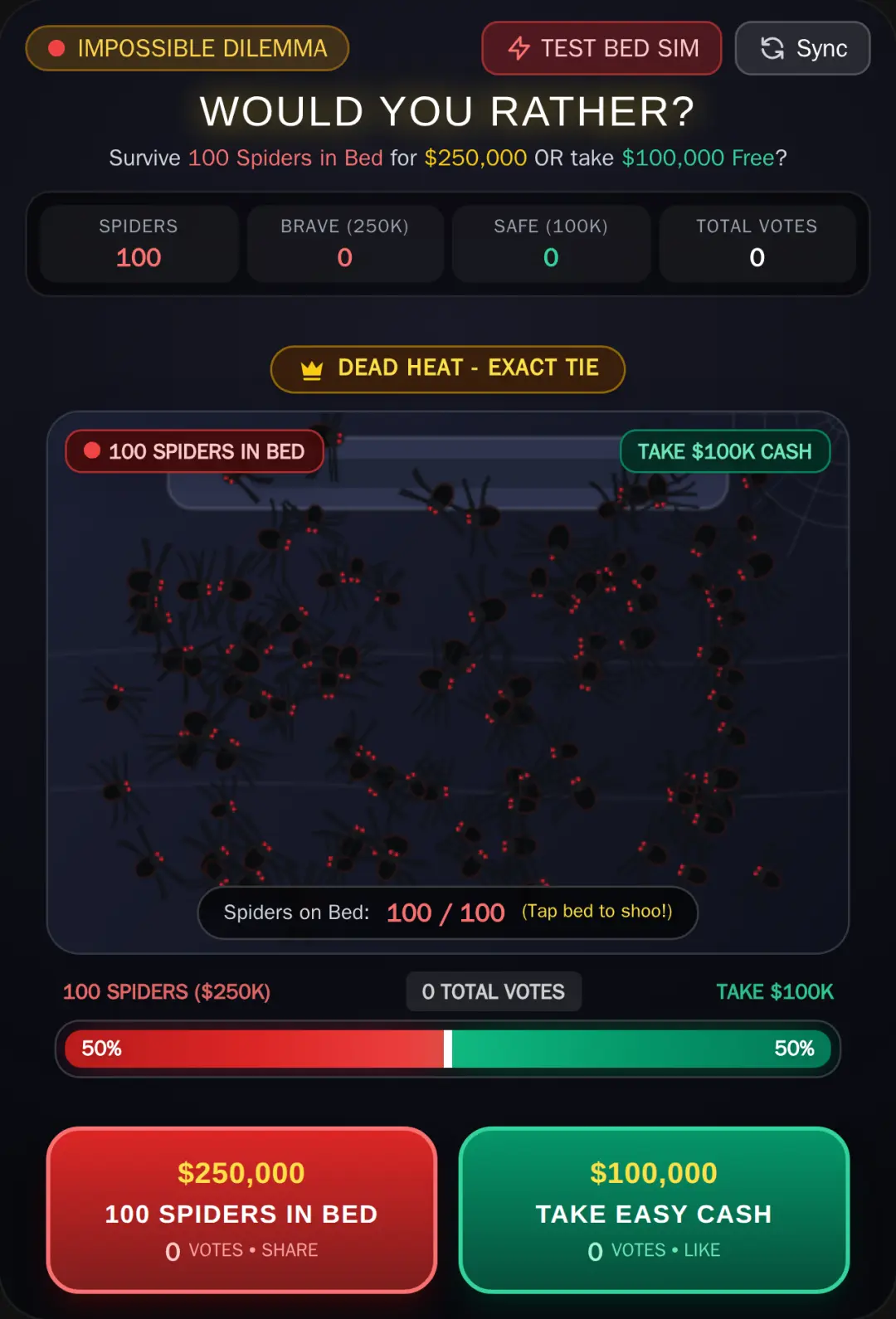 100 Spiders in Bed for $250,000 or Take $100,000? cover