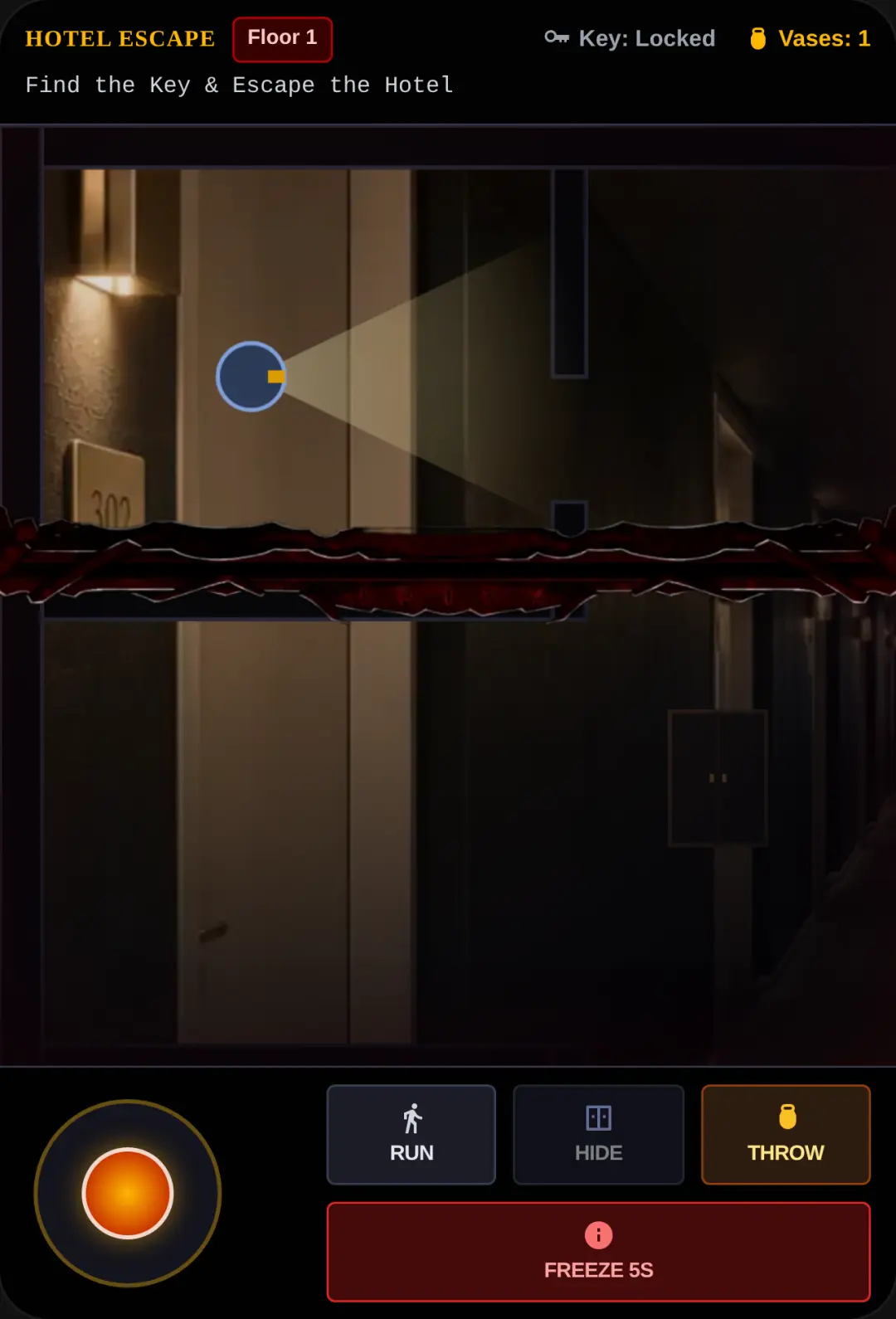 Hotel Escape: The Blind Beast . you can hit the ghost 1 time to stun him and you have only one vase to hit or distract by throwing anywhere and you have power to freeze the ghost for 5 sec collect more vasses and key by using the key you can escape ेम cover