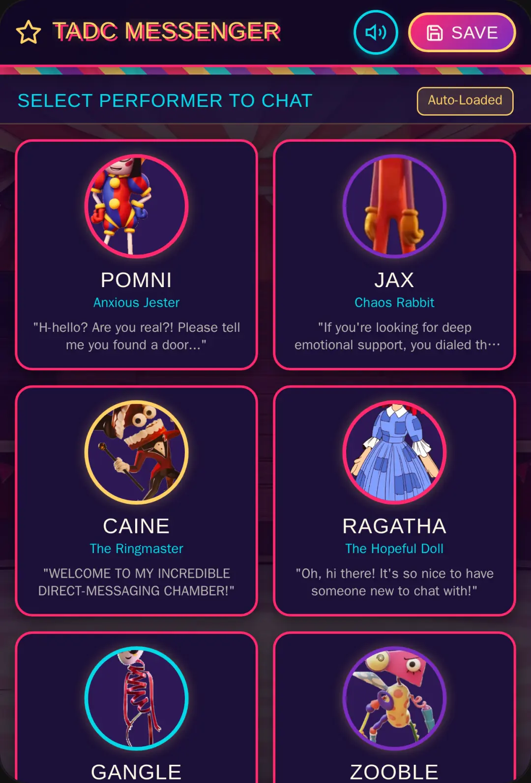 The Amazing Digital Circus - Character Chat & Save cover