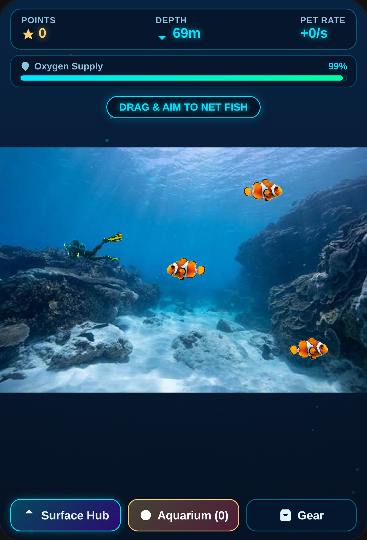 Abyssal Dive and Aquarium An game to enjoy the feeling of fishing , the circle X is the net and reload your oxygen tank by going to surface and diving back!.Join the game feeling the hopes of having fishes or selling them cover