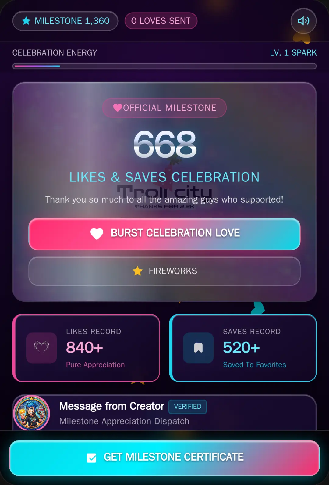 1,360 Likes & Saves Celebration cover
