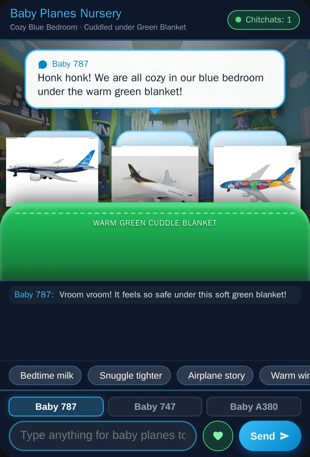 Baby 787 and friends cuddle in bed cover