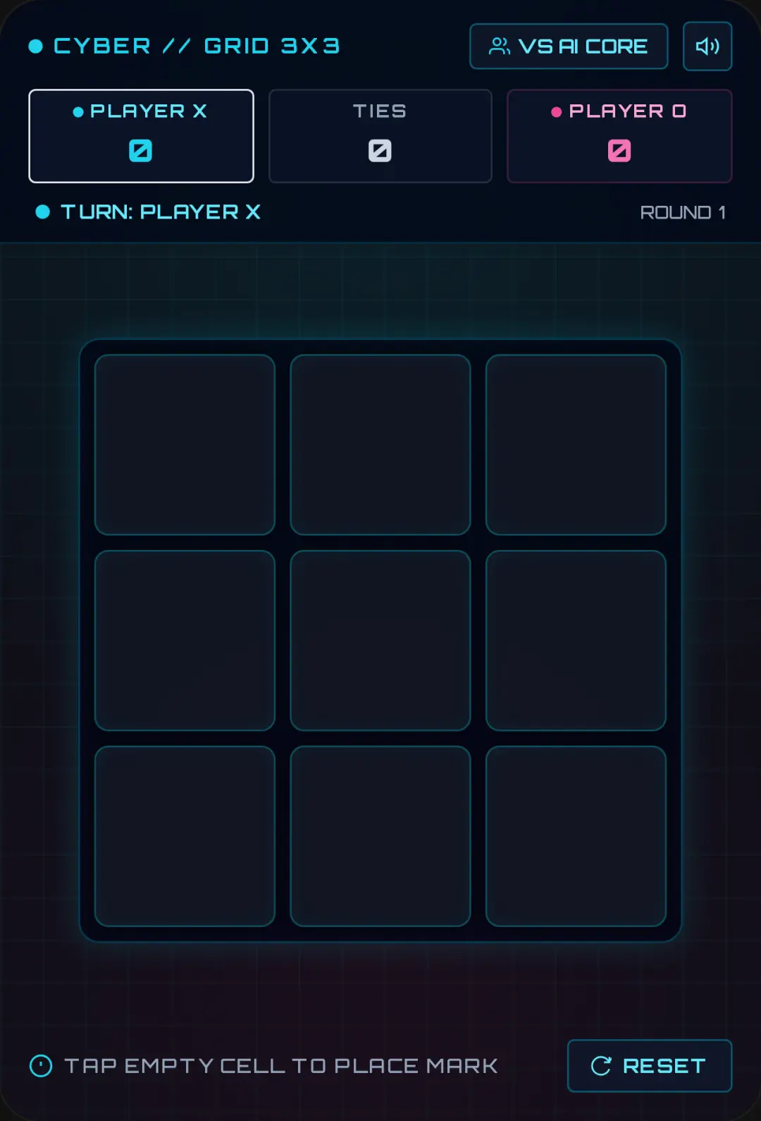 Normal Cyber Tic-Tac-Toe | Bot intelligence: 75-90% cover